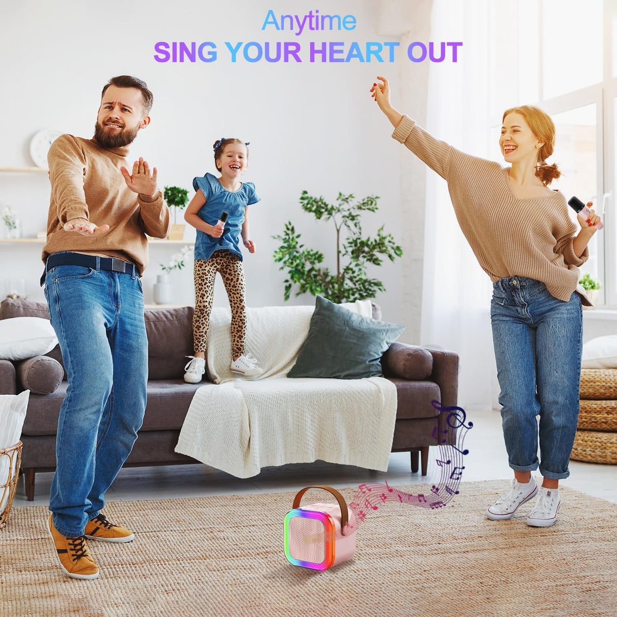 Parlante Portátil Bluetooth Karaoke Mini 2 Micrófonos Rgb