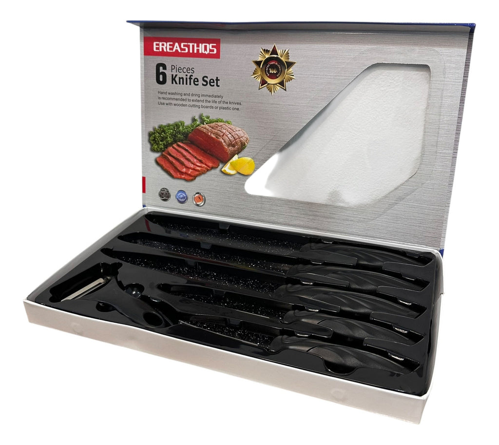 Juego Set 5 Cuchillos Cocina + Pela Papa 6 Piezas Acero Inox Negro