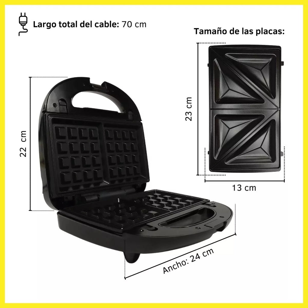 Sandwichera Waflera Tostadora 3 En 1 Placas Intercambiables