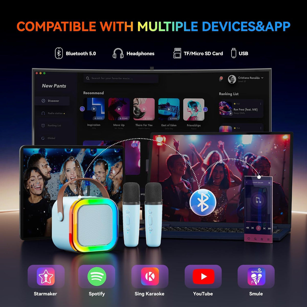 Parlante Portátil Bluetooth Karaoke Mini 2 Micrófonos Rgb