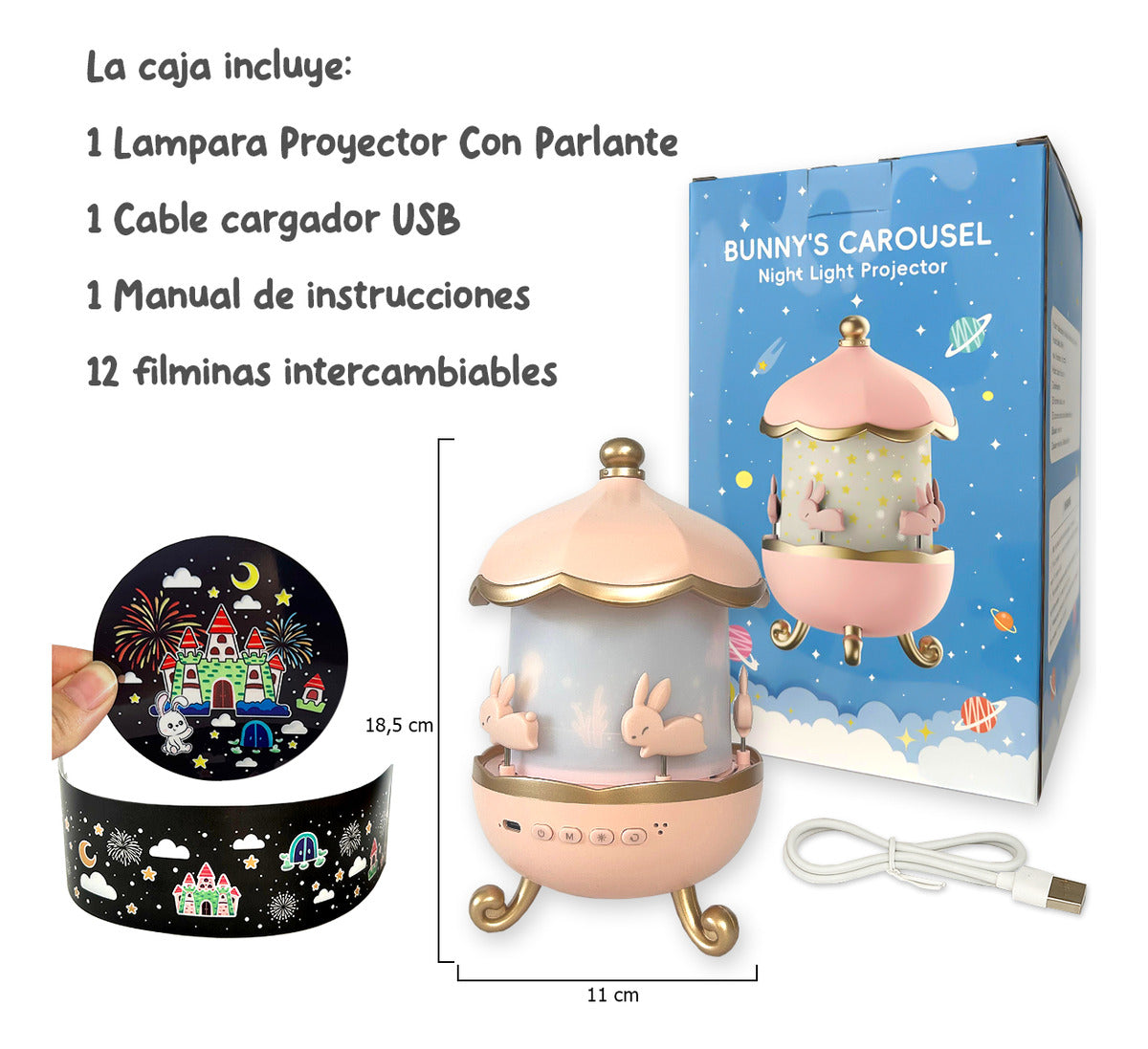Lampara Proyector Infantil Giratorio Música Bluetooth Bunny