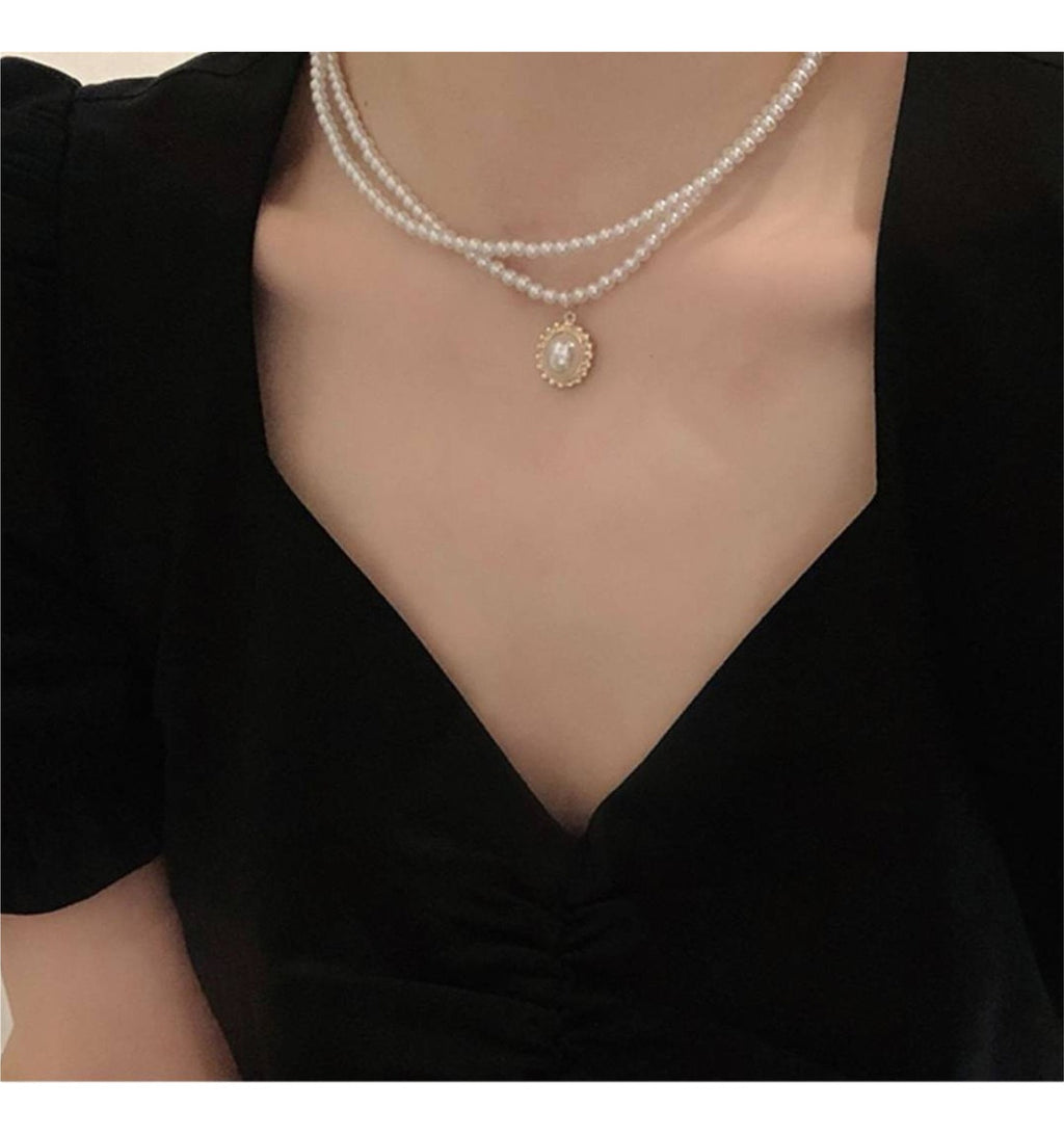 Collar De Doble Perla Con Colgante De Perla Francesa Apilada