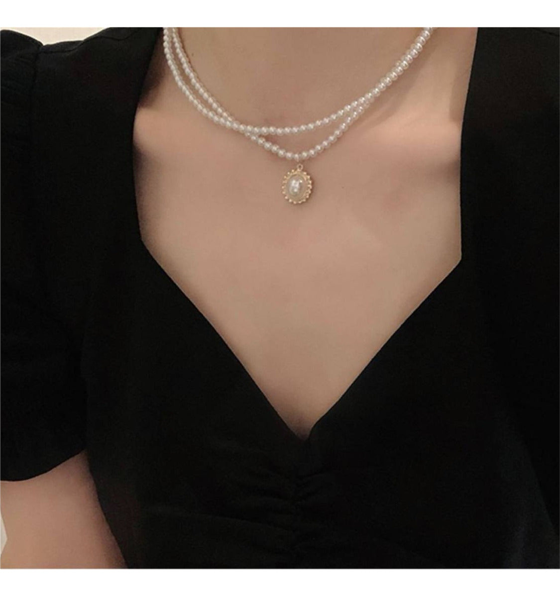 Collar De Doble Perla Con Colgante De Perla Francesa Apilada