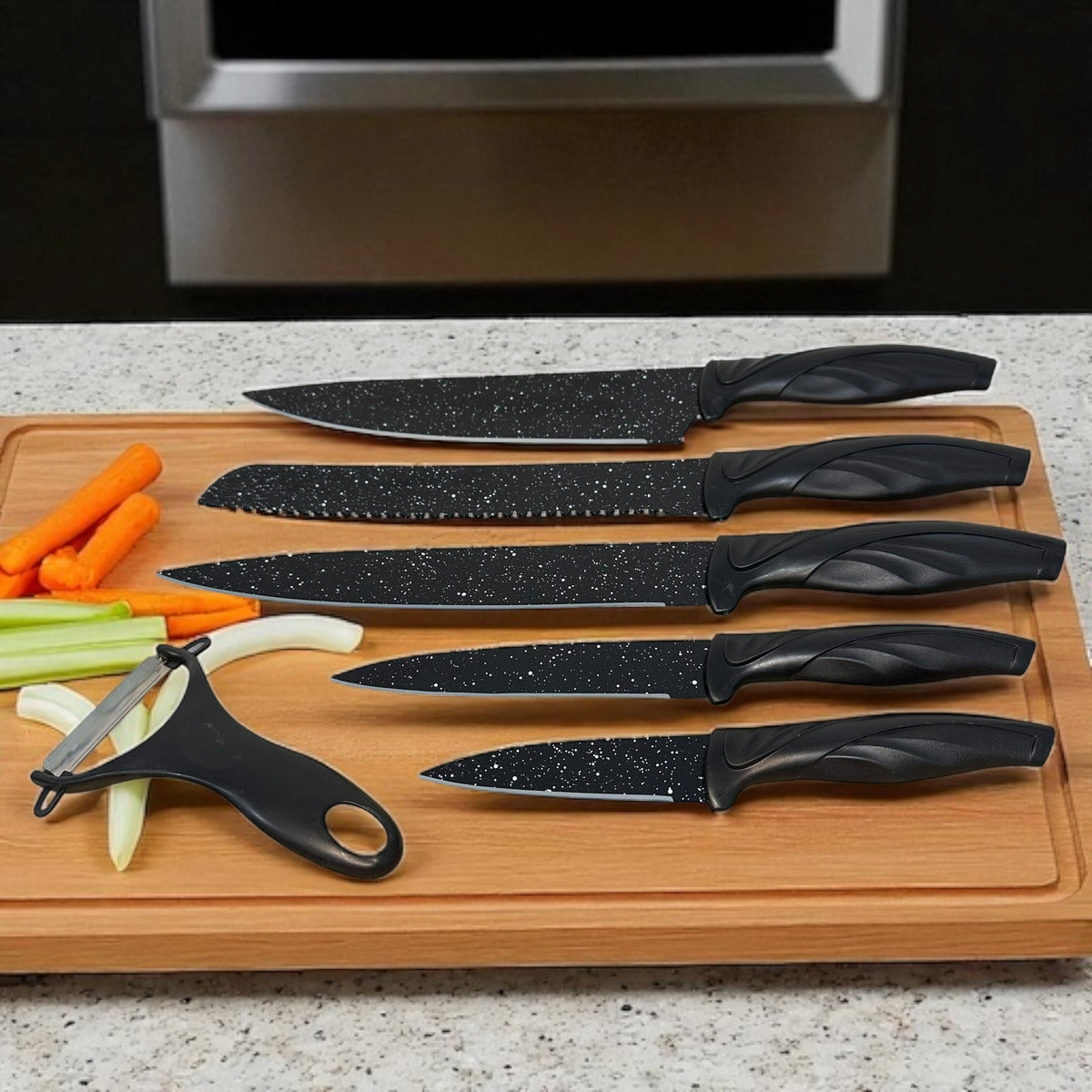 Juego Set 5 Cuchillos Cocina + Pela Papa 6 Piezas Acero Inox Negro