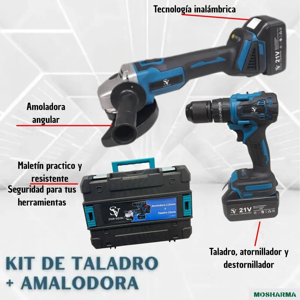 Combo Atornillador Percutor + Amoladora 21V Inalámbrico