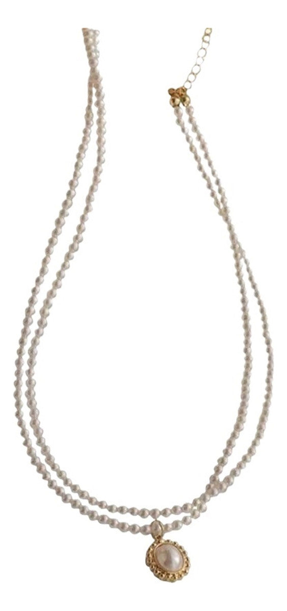 Collar De Doble Perla Con Colgante De Perla Francesa Apilada