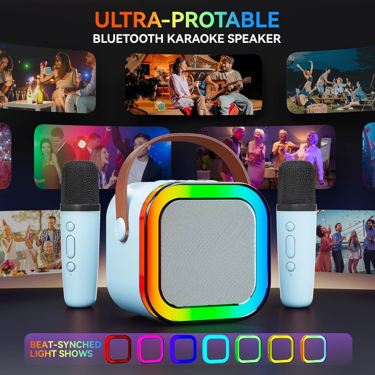 Parlante Portátil Bluetooth Karaoke Mini 2 Micrófonos Rgb