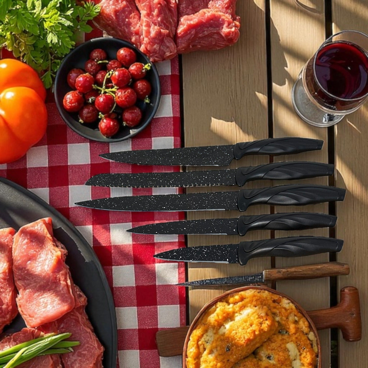 Juego Set 5 Cuchillos Cocina + Pela Papa 6 Piezas Acero Inox Negro