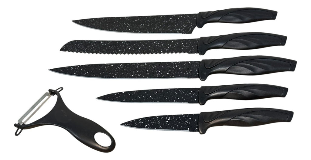 Juego Set 5 Cuchillos Cocina + Pela Papa 6 Piezas Acero Inox Negro