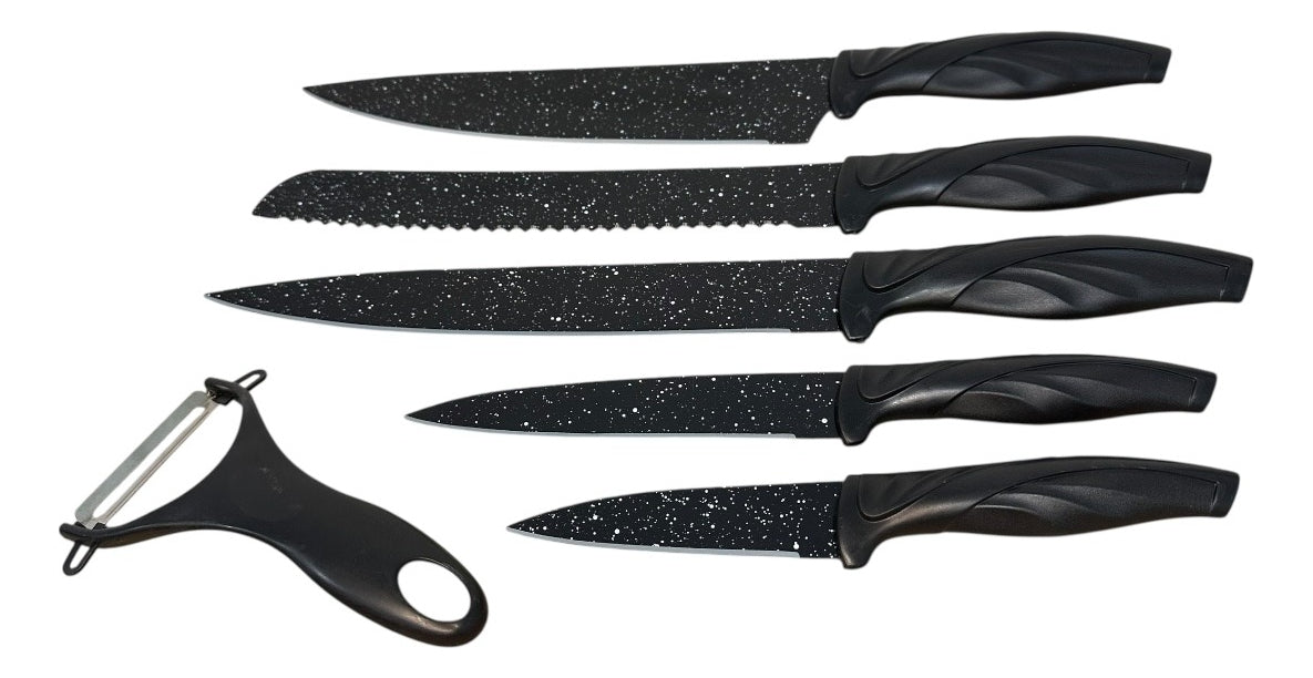 Juego Set 5 Cuchillos Cocina + Pela Papa 6 Piezas Acero Inox Negro